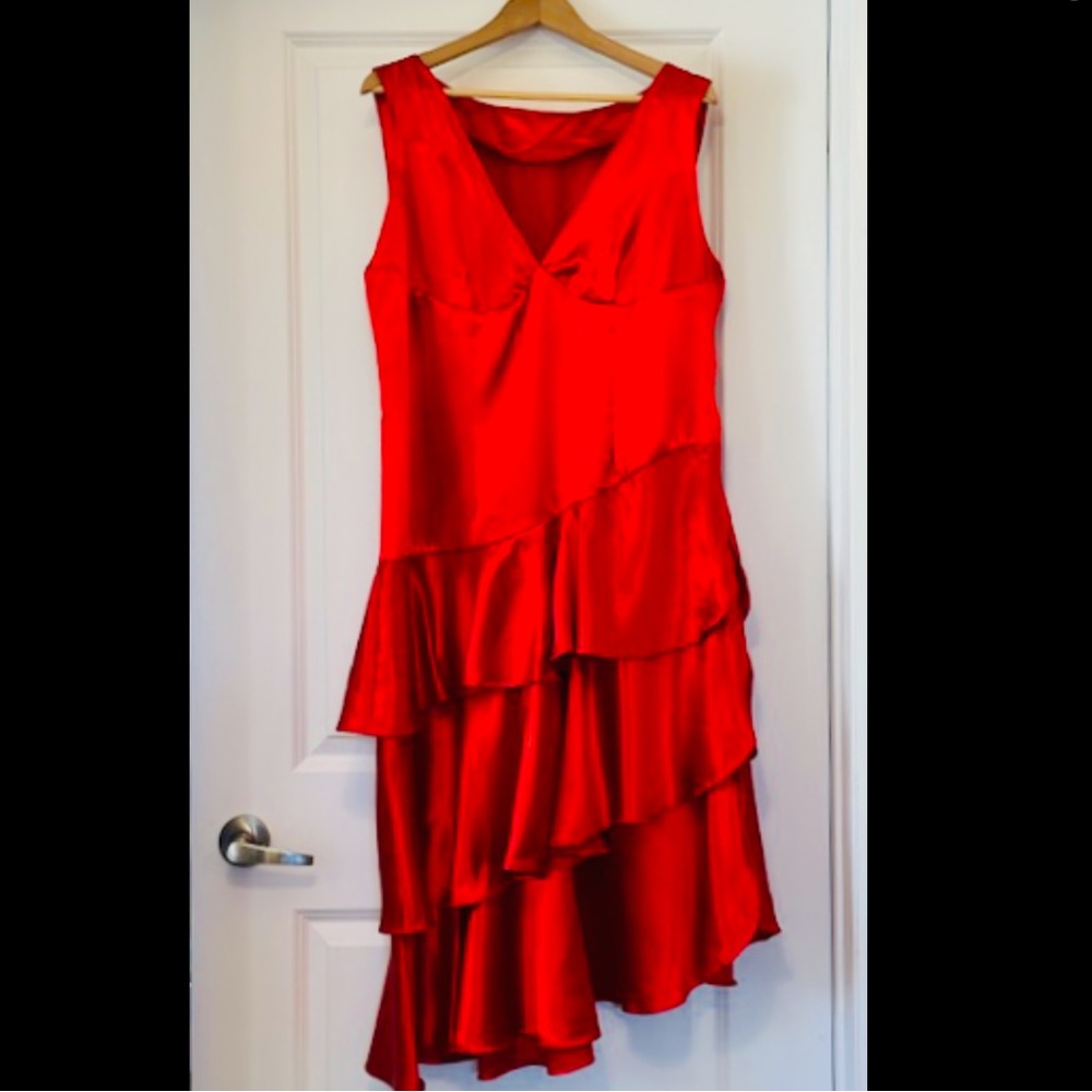 Satin DESIGNER Dress Red Layers Party Cowgirl V Neck Zip NEW Sz L